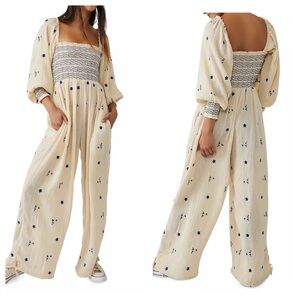 Free People Dahlia Embroidered Smocked Wide Leg Jumpsuit